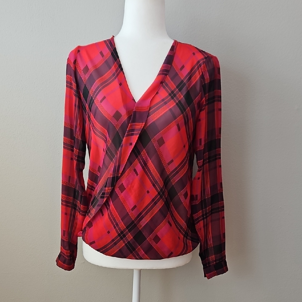 LOFT Red and Black Plaid V-Neck Blouse Business Casual
